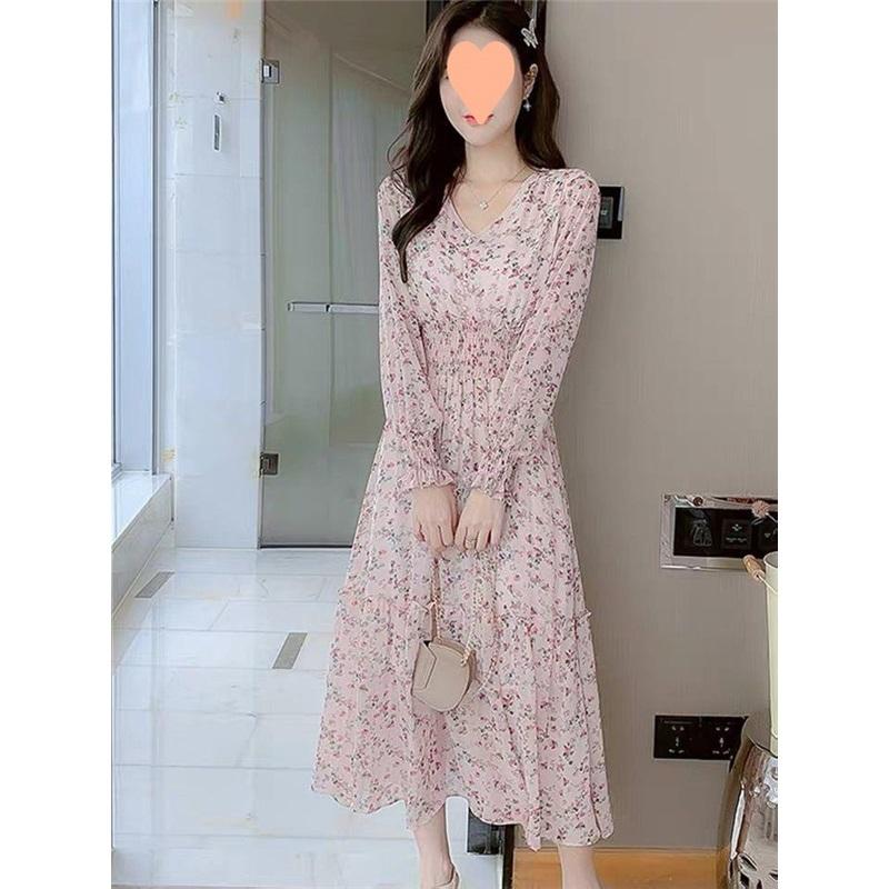 Women's Floral Print V-Neck Long Sleeve Maxi Dress Casual Party