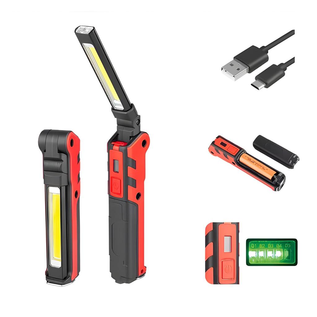 Set of 2 LED Work Lights, COB Lights, Handheld USB Rechargeable, Magnetic, Foldable, Compact, for Night Work and Construction (2 Pieces)