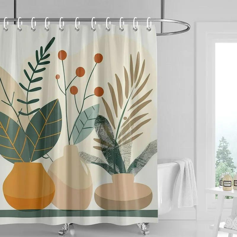 וילון מקלחת מורנדי צבעוני מופשט דמות צמח עמיד למים עמיד בפני טחב בסגנון נורדי וילון מקלחת דקורטיבי לחדר אמבטיה