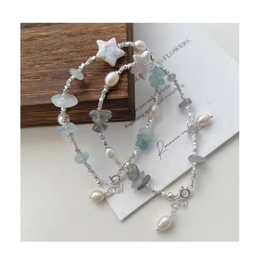 Luxury High Quality 925 Sterling Silver Natural Blue Stone Freshwater Pearl Beaded Bracelet for Women Summer Jewelry