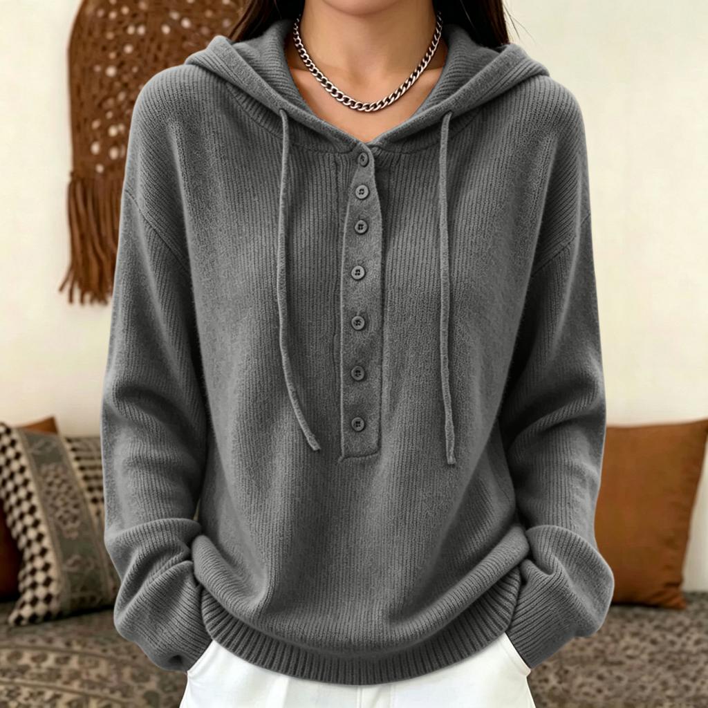 Women's Casual Color Hooded Long Sleeve Button Knit Sweater for Everyday Wear
