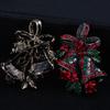 Vintage Christmas Bowknot Double Bells Brooch Pins with Green Leaves and Colorful Rhinestones Creative Gift Suit c Corsage for Women