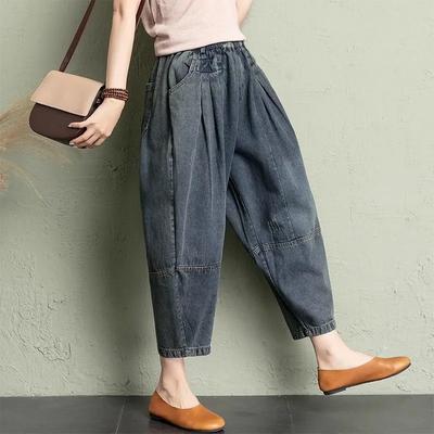 Denim-Karottenhose für Damen, weites Bein, Neun-Punkt-Herbst, Übergröße, lockere Haremshose, dünne literarische Daddy-Hose