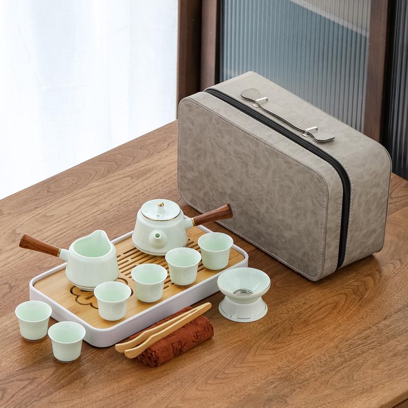 Jade Green Travel Tea Set: One Pot, Four Cups, with Wooden Side Handle and Tea Caddy.