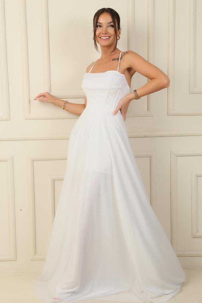 İp Askılı Balenli Üstü Drapeli Astarlı Tül Simli Uzun Abiye Elbise