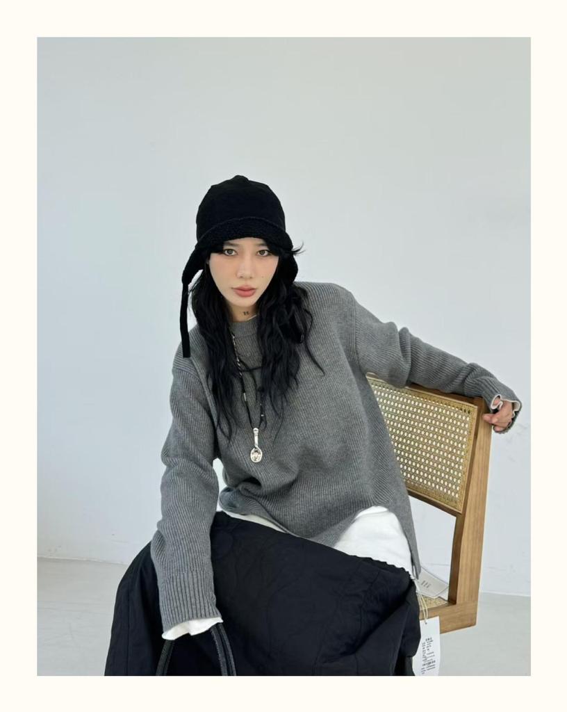 Becabeau Women's Winter Loose Knit Sweater, Plus Size, Korean Casual Style, Split Design, Crew Neck