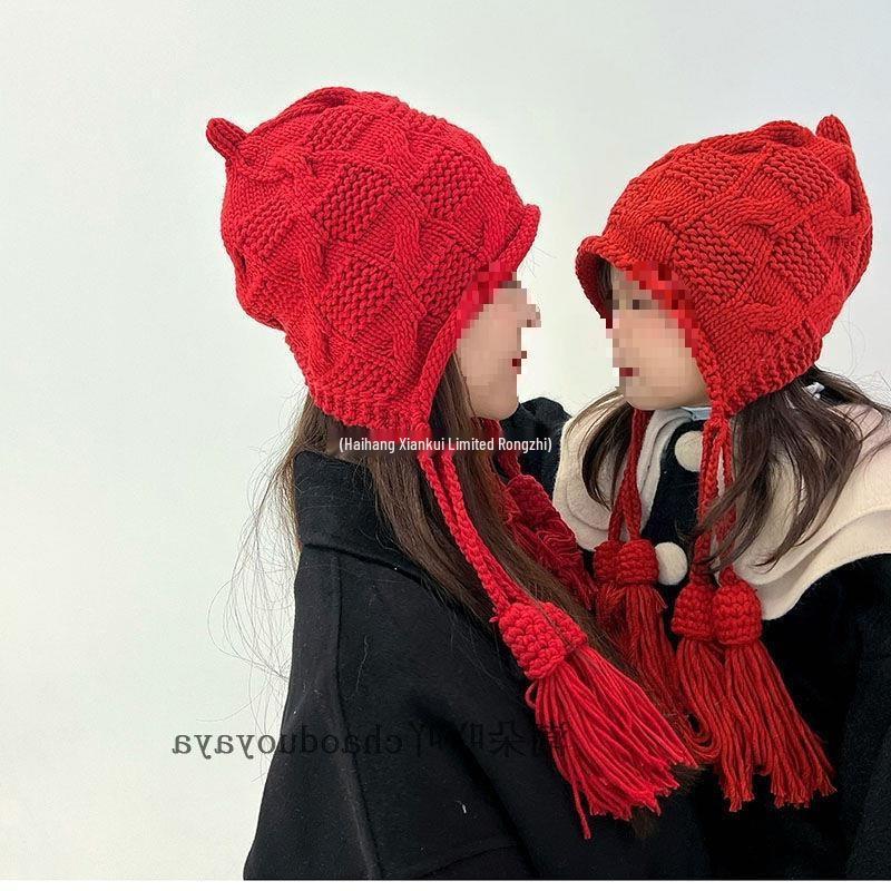 Red Knitted Wool Hat with Tassels & Tie-Up Straps for Men & Girls, Handmade for Autumn/Winter, Perfect for New Year & Christmas, Cute for All Ages.