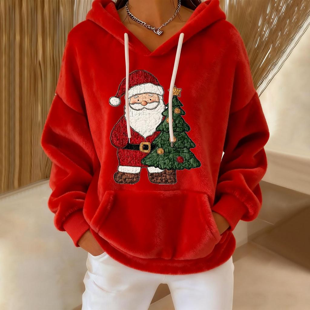 Women's Loose And Comfortable Drawstring V-neck Long Sleeved Christmas Print Hoodie