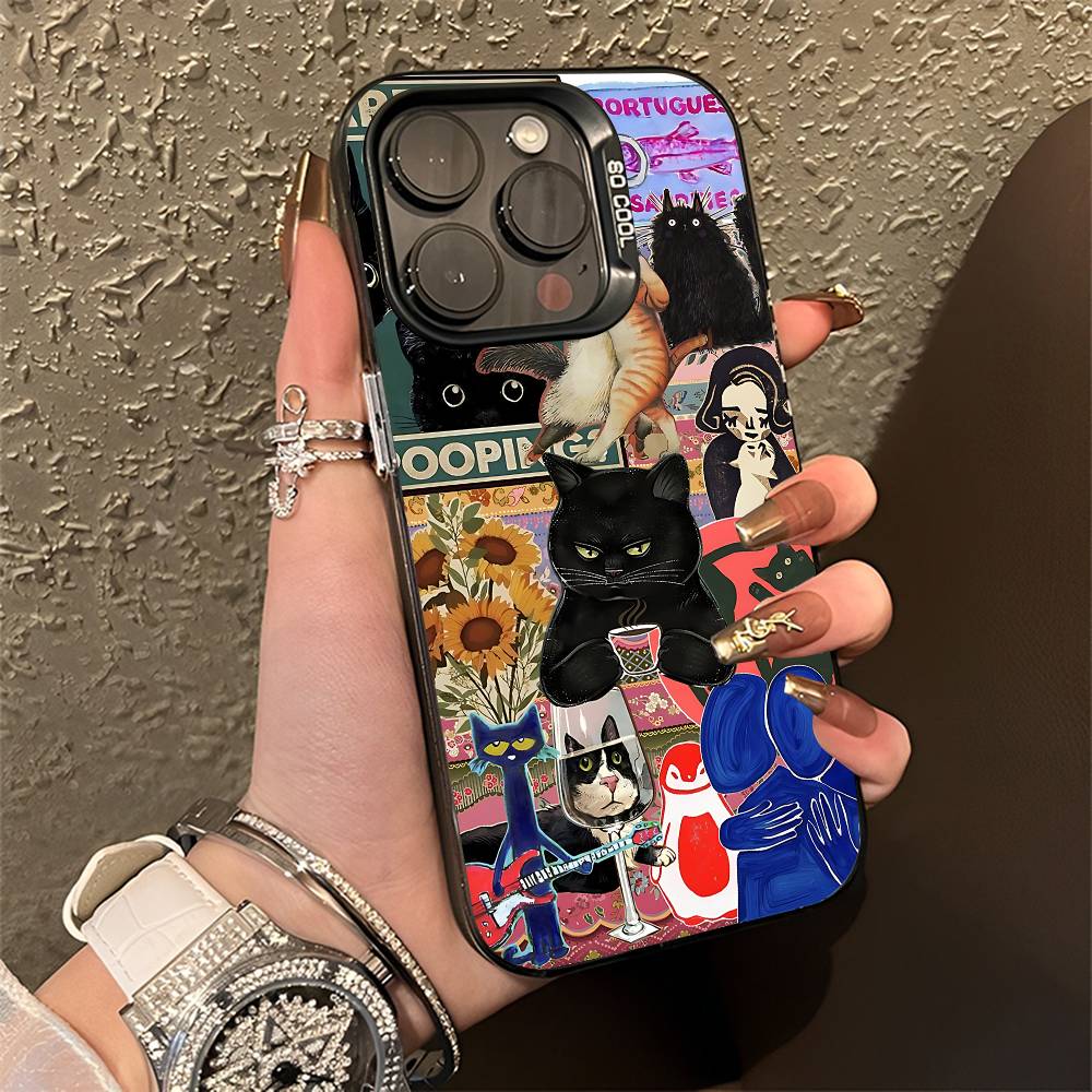 Black Cat Graphic Montage Phone Case For iPhone 15,17,12,14,13,16,11,E,Max,Plus,Air,Pro,Mini Matte Protect Cover