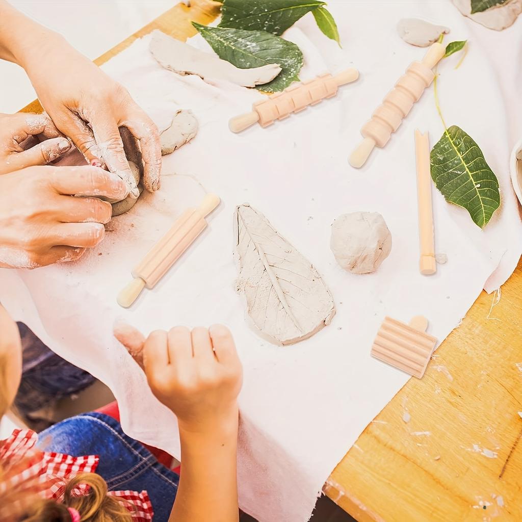 12pcs Wooden Clay & Dough Tool Set - Includes Roller, Hammer, Stamps In Various Shapes for DIY Pottery & Crafts - PVC-Free, Perfect for Art Projects
