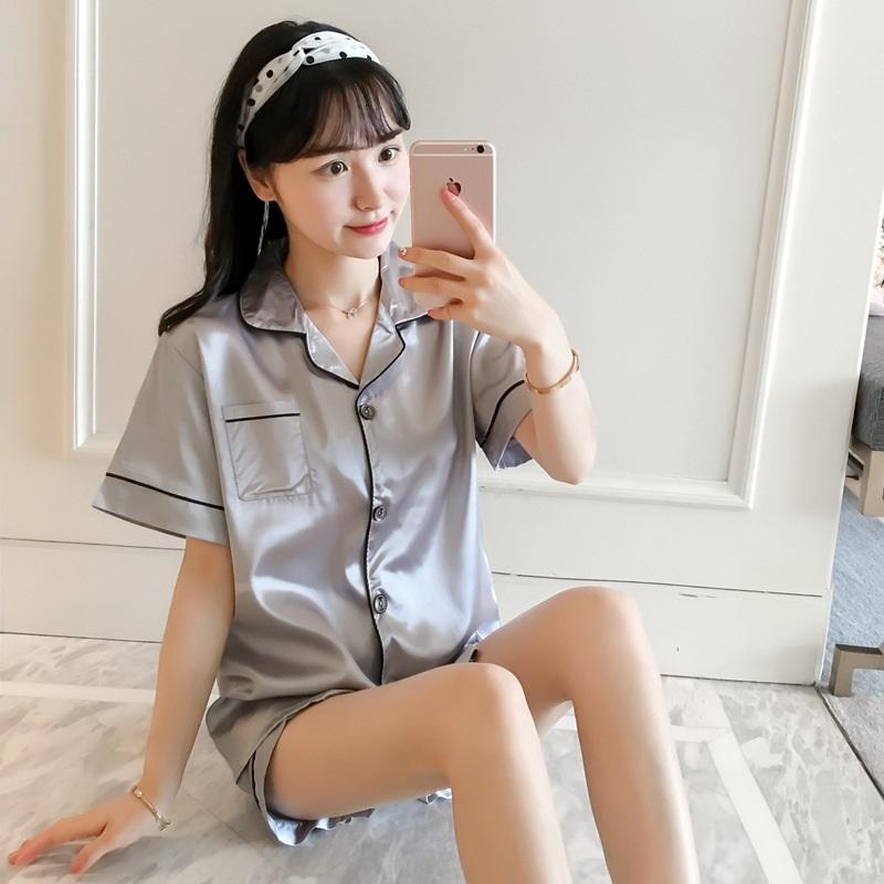 Women's Ice Silk Short Sleeved Shorts Pajama Set Imitation Silk Lapel Cardigan Home Clothes Lightweight And Breathable Two-piece Set