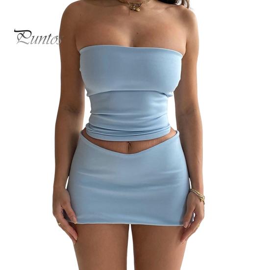 Women's Two Piece Skirt Set Strapless Bandeau Tube Crop Top And Bodycon Mini Skirt Set Summer Sexy Club Outfit