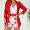 2 Pcs/Set Women Blazer Shorts Set Flower Print Solid Color Coat Long Sleeves High Waist Turn-down Collar Commute Cardigan