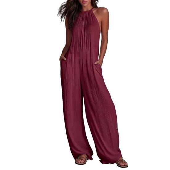 

Women s Casual Jumpsuit, Comfortable Loose Fit Jumpsuit, Summer Sleeveless Wide Leg Romper, Soft Stretchy Romper with Pockets for Work Party Vacation S рожевий червоний колір