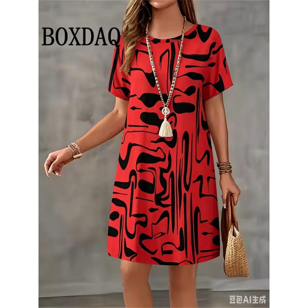 2026 Tie Dye Abstract Design Printed Round Neck Short Sleeved Loose and Fashionable Women's Summer Dress