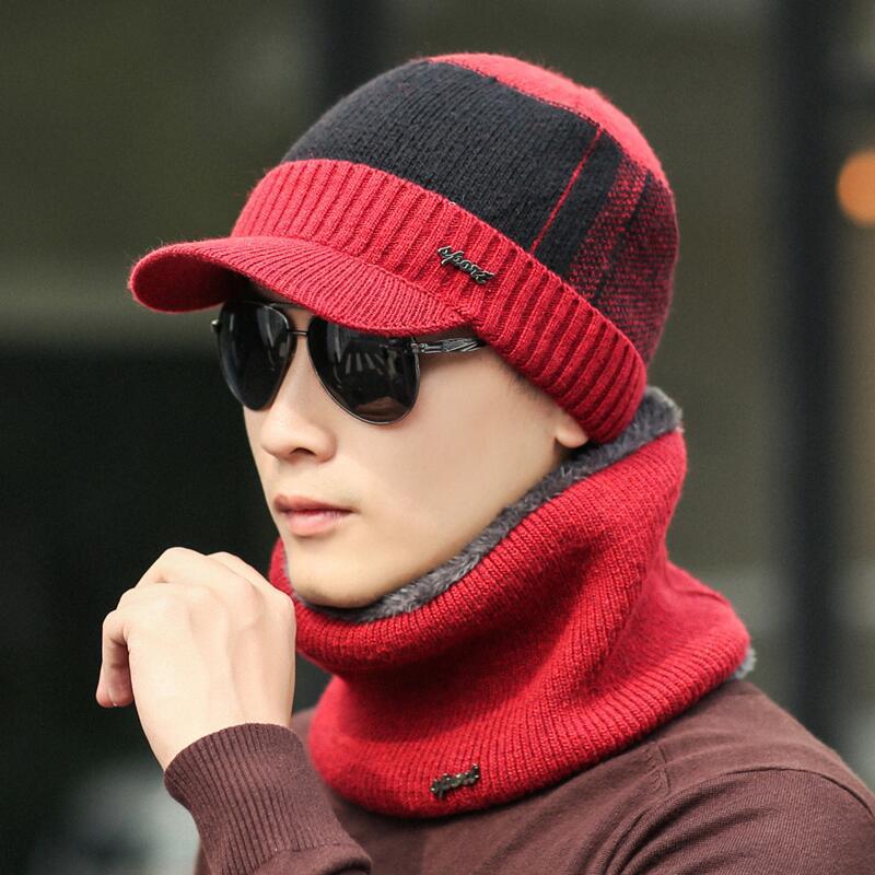Warm Hat Knit Visor Beanie Fleece Lined 