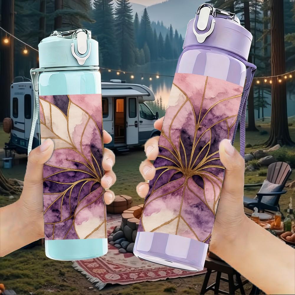 1PC Dried Purple Flower Bouquet Print 750ml Color Plastic Sports Water Bottle Leakproof Flip Straw Lid Suitable for Sports Office Home Use