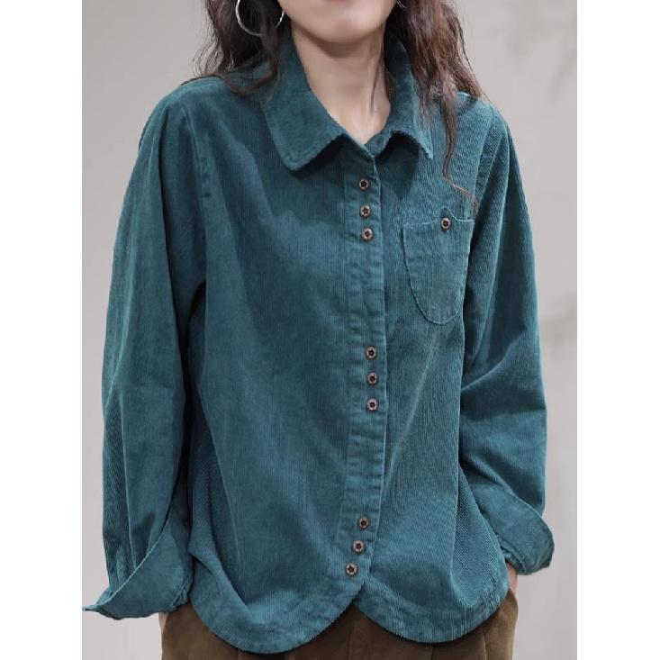 Primavera Outono Novo Vintage Solto Casual Camisa de Veludo Cotelê Feminina Bolso Moda Versátil Cardigã Top Mulheres Blusa de Manga Comprida Femme