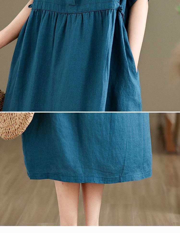2024 Summer Japanese Style Cotton-Linen Polo Collar Midi Dress for Women