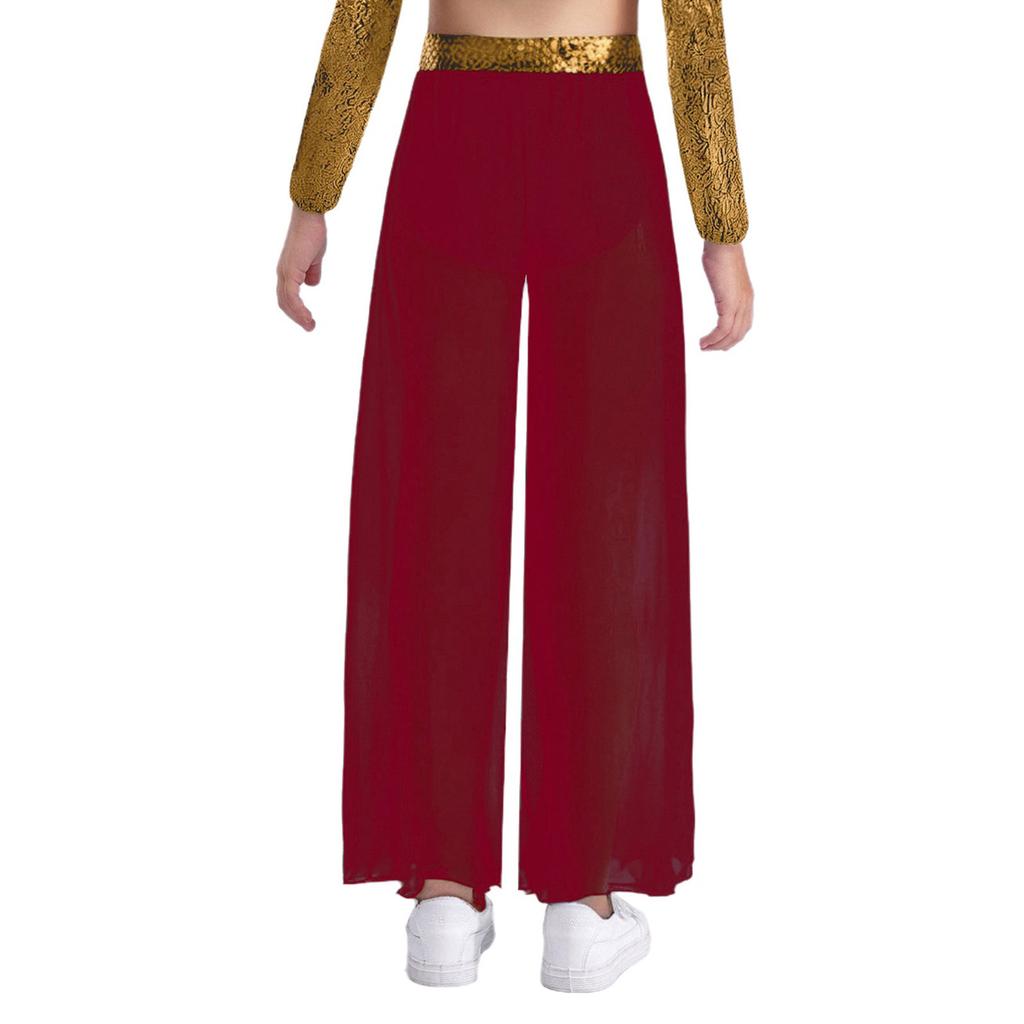 Fließende Chiffon-Überlage Tanzhose für Mädchen Weiter Bein Seitenschlitz Design Paillettenbund Performance Hose