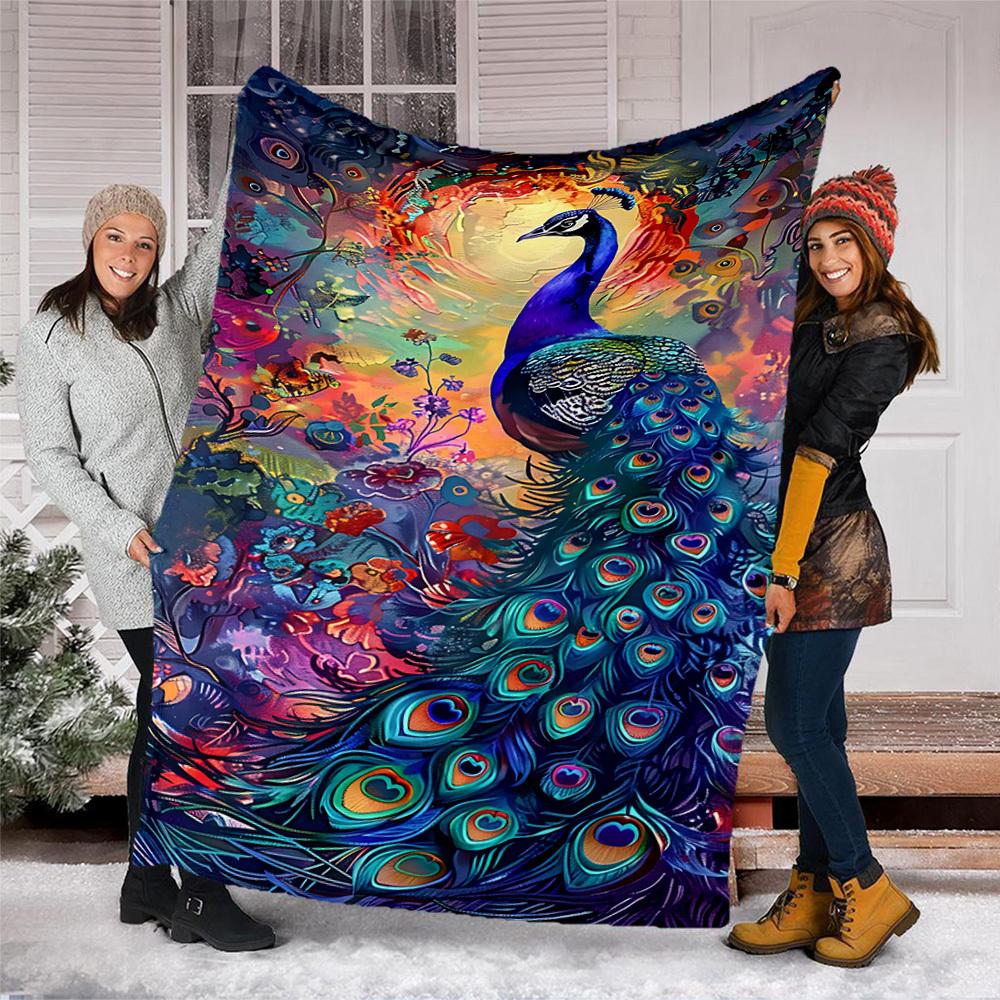 1pc Peacock Feather Artwork Throw Blanket Polyester Fiber, Lightweight Flannel, Soft & Warm, All Season Use for Outdoor, Camping Digital Print