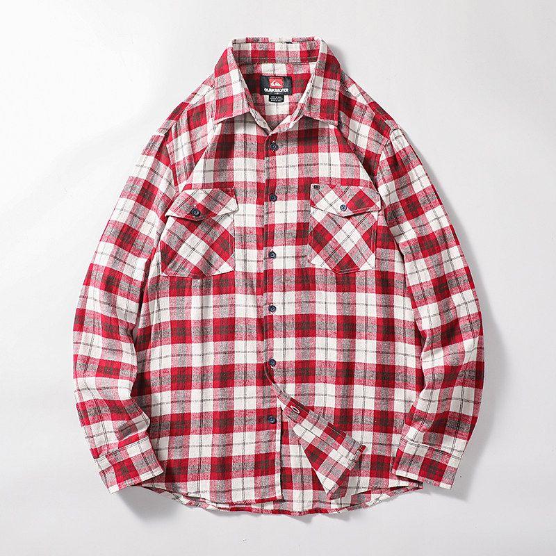 Retro Casual Brushed Long Sleeve Export Plaid Shirt Rose Red Grid XL