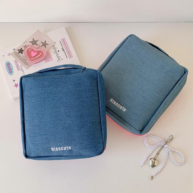 Denim Fabric Portable Cosmetic Bag with Zipper Large Capacity Travel Storage Toiletry Bag for Girls Creative Makeup Supplies New