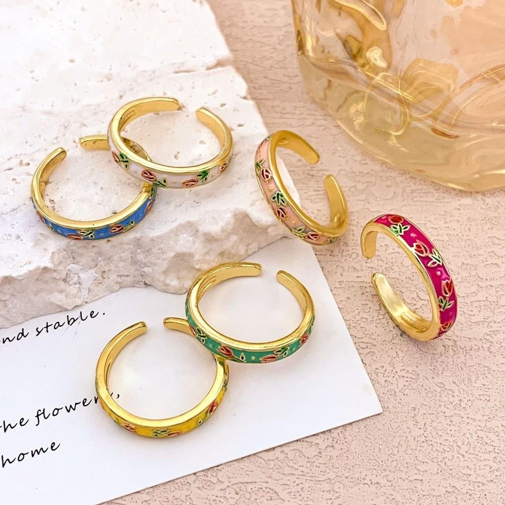 Colorful Vintage Geometric Ring Unique Adjustable Tulip Ring Fashion Enamel Open Ring Women