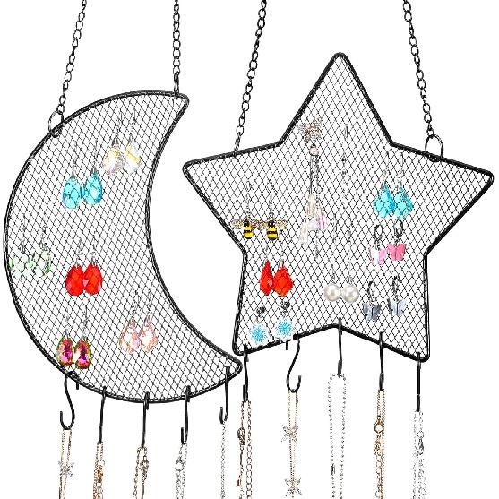 Jetec 2 Pcs Earring Wall Holder Wall Mounted Organizer Hanging Stand Decorative Diamond Grid Shape Jewelry Display Rack with Hanging Hooks for чёрный