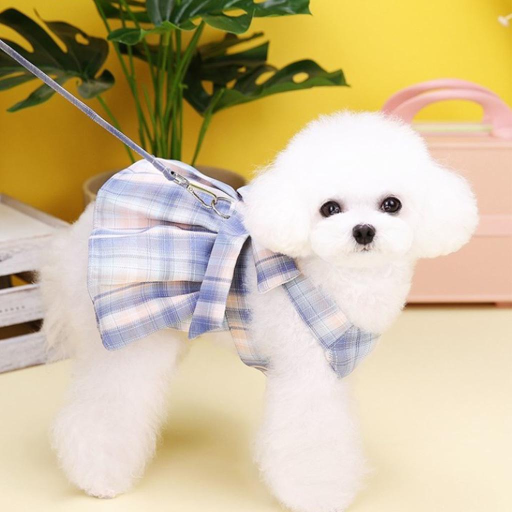Plaid Dog Dress Bow Tie Harness Leash Set Breathable Soft Comfortable Puppy Dress for Daily Walking