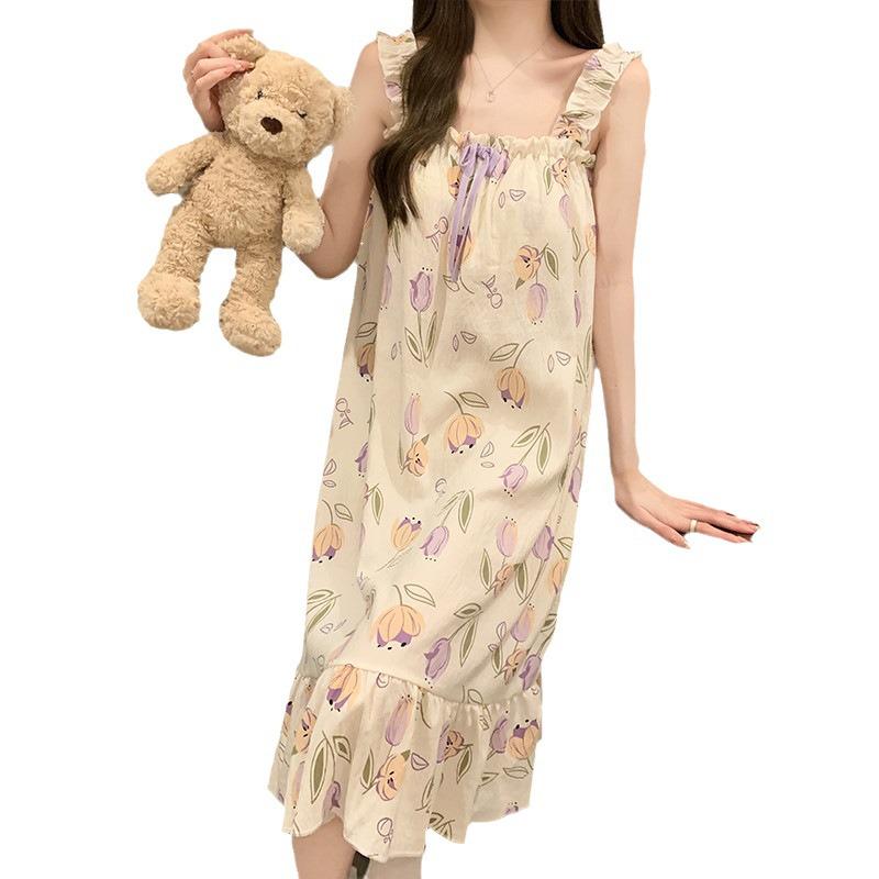 Women's Summer Pajamas - Cute Sweet Sling with Chest Pads, Medium/Long Loose Nightdress, Thin Home Wear