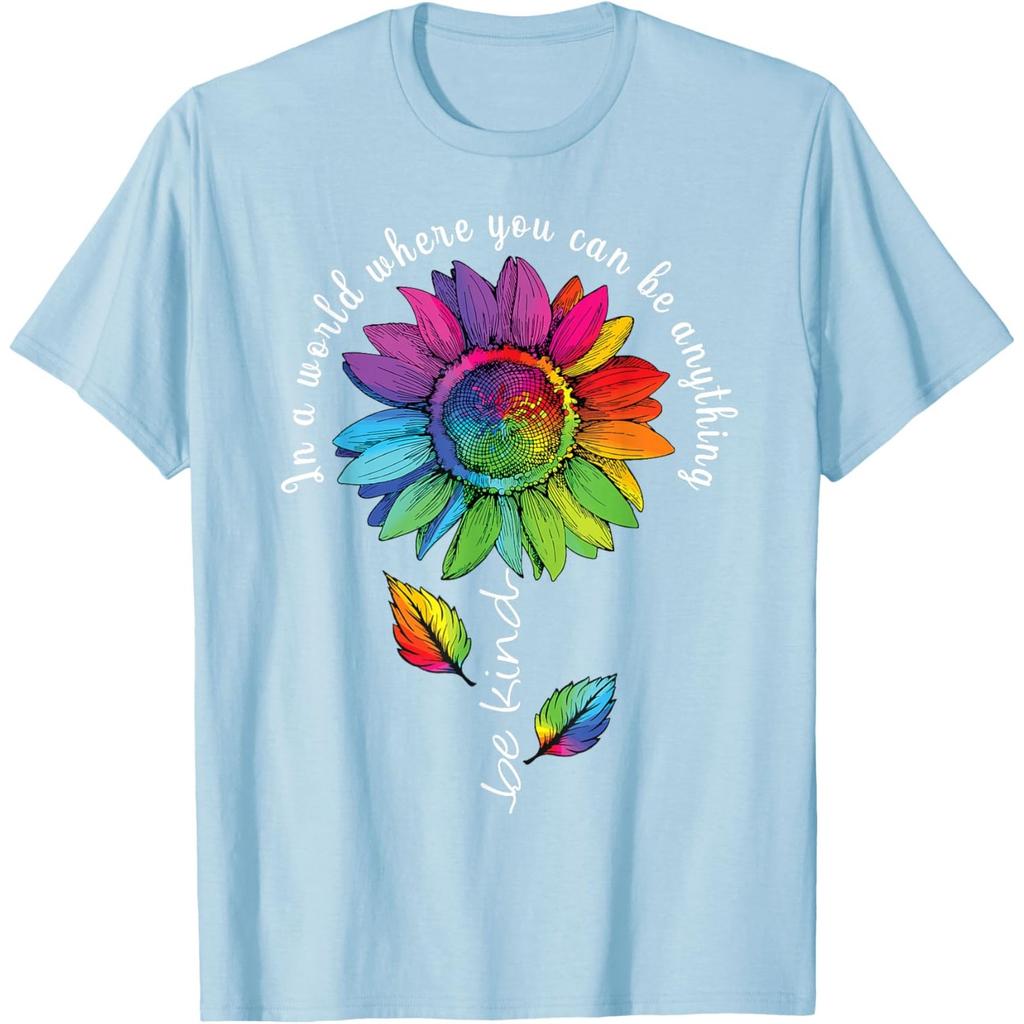 Rainbow Sunflower Be Kind Autism Awareness Graphic Tee Casual Cotton T-Shirt Unisex