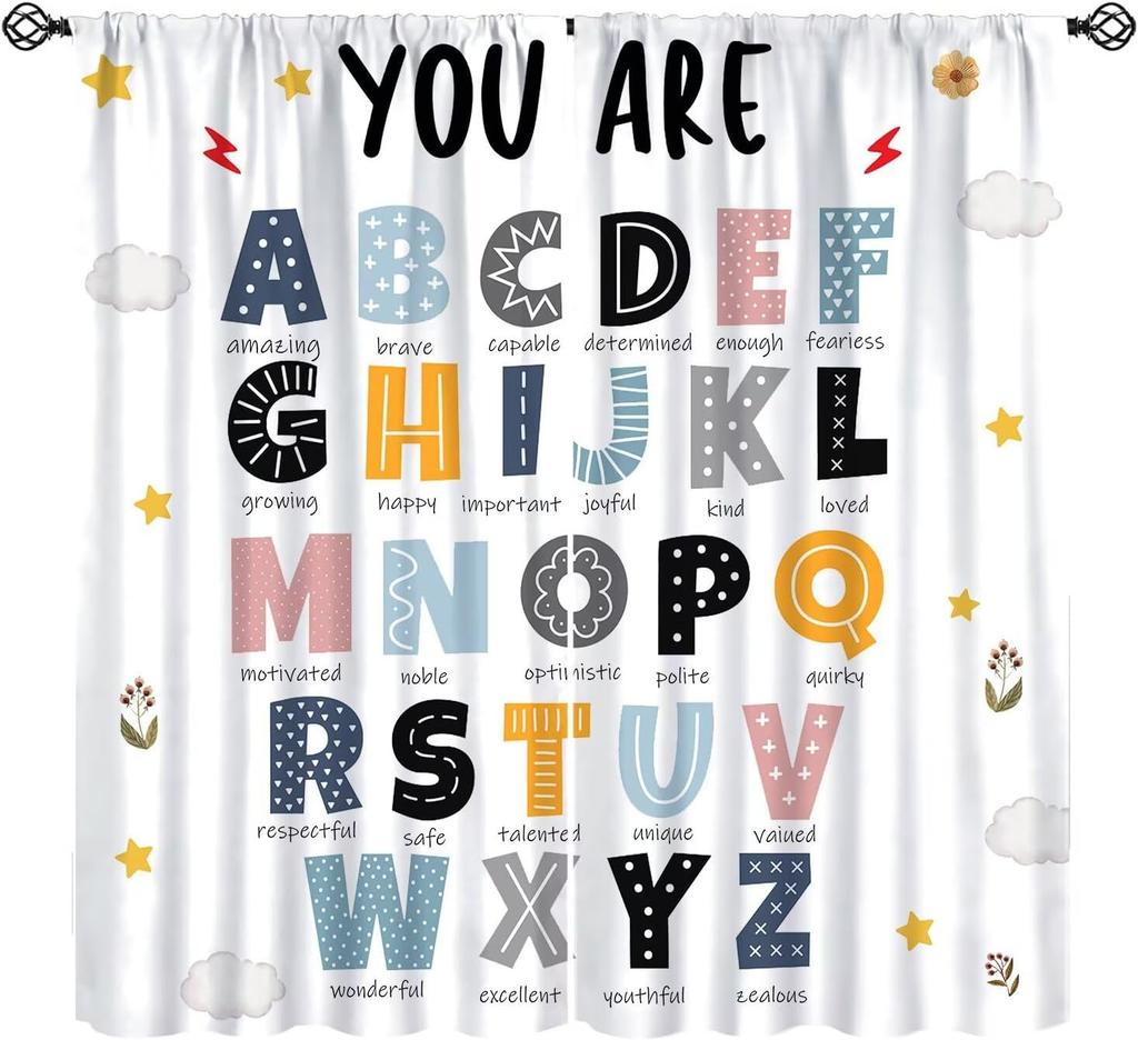 Funny Education Alphabet Abc Curtains,Cartoon Kids Learning Letters Watercolor Decor Rod Pocket Window Treatments For Boy Baby