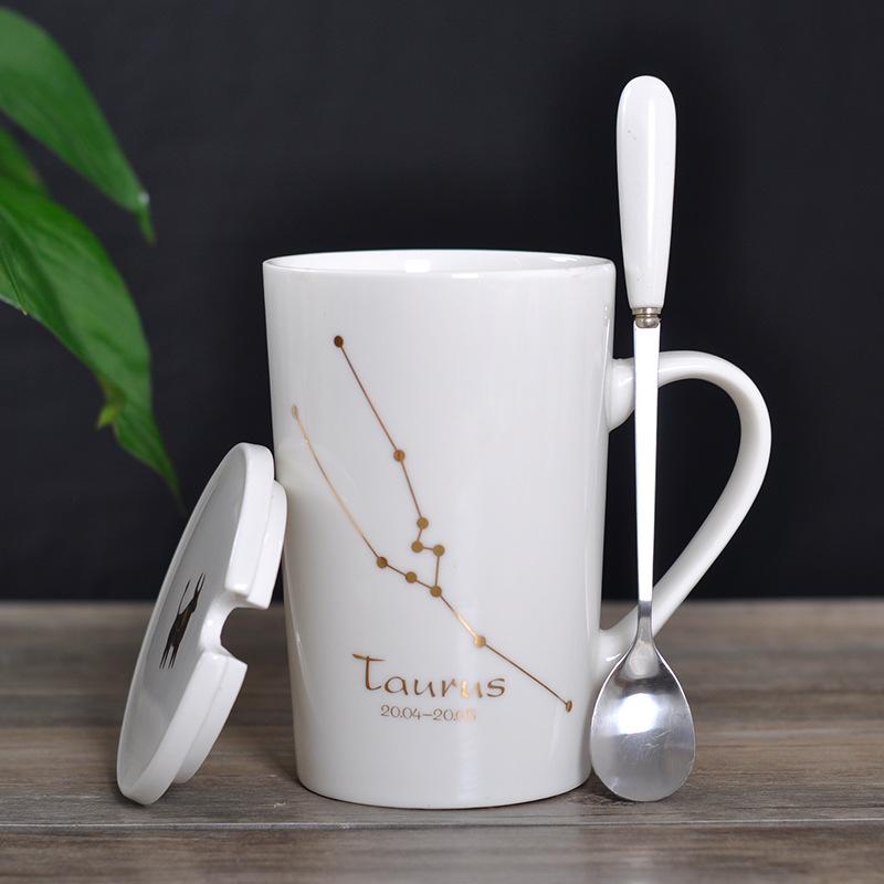 Zodiac Ceramic Mug Set: Gold Constellation Design with Lid & Spoon