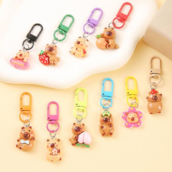 24/50Pcs Capybara Keychains Set Cartoon Resin Doll Charm Keychains Metal Key Ring