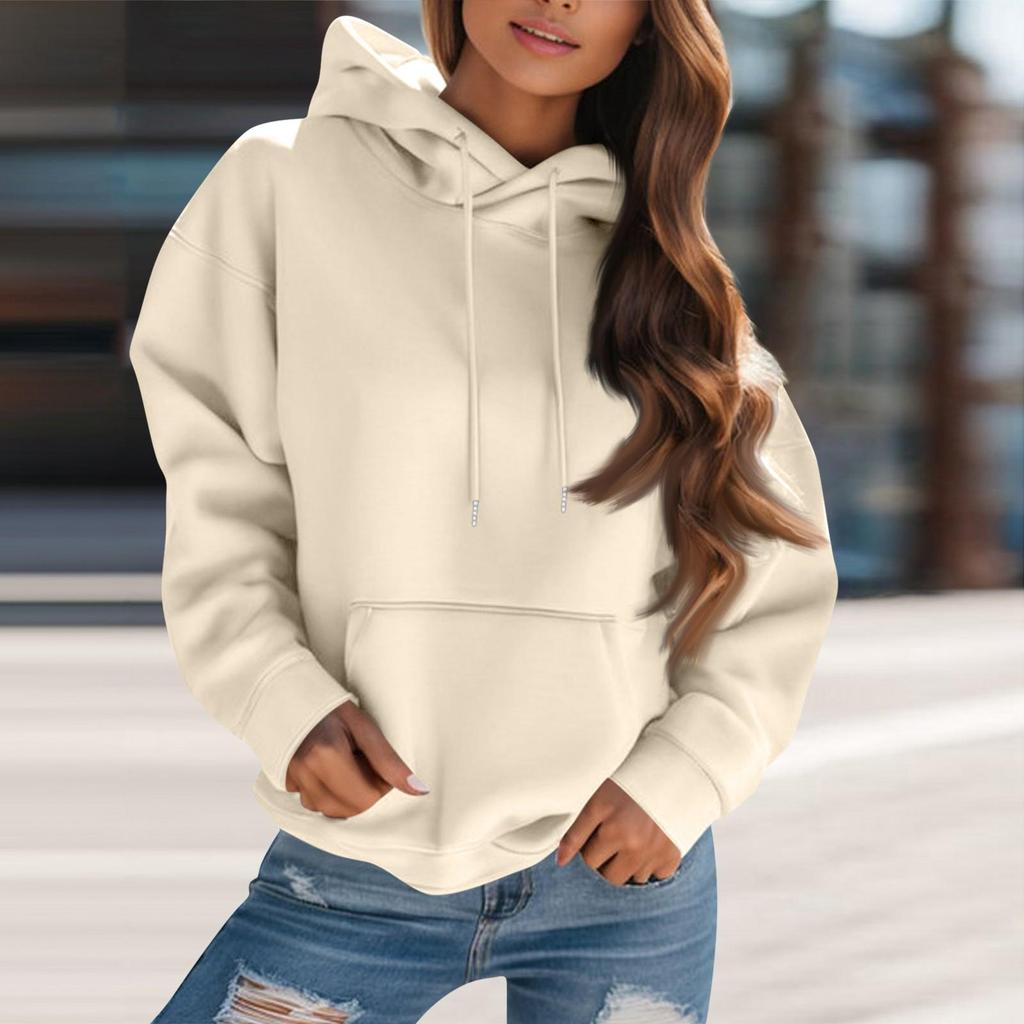 Women's Fashion Solid Color Hooded Drawstring  Long Sleeve Loose Pullover Sweatshirt Top