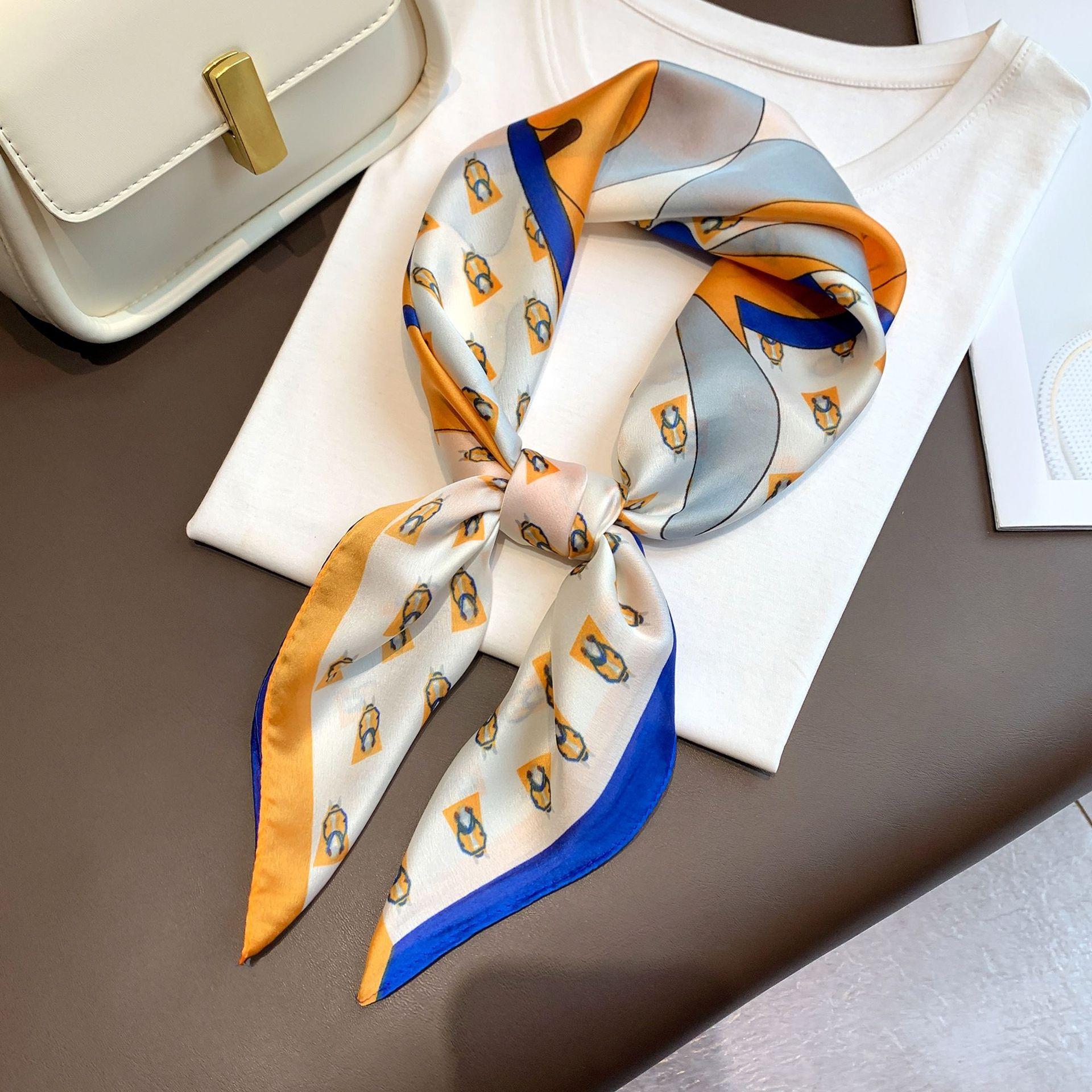 

Spring and Summer Small Square Scarf Printed Blue Lattice Warp Knitted Women Square Decorative Scarf 70*70cm