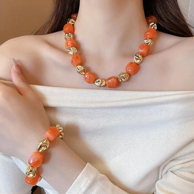 Collier Bracelet Perles Acryliques Irrégulières pour Femmes Bohème Géométrique Manchette Faite à la Main Accessoires Bijoux Couple