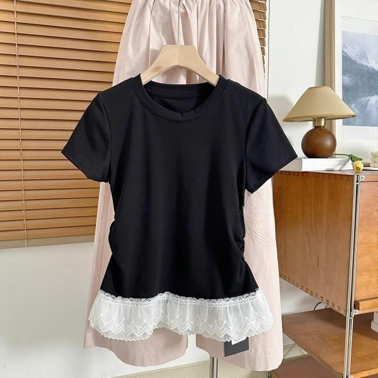 Design-sensual Lace Short-sleeved T-shirt with Women's Temperament, Shoulder-length Slim Base Top