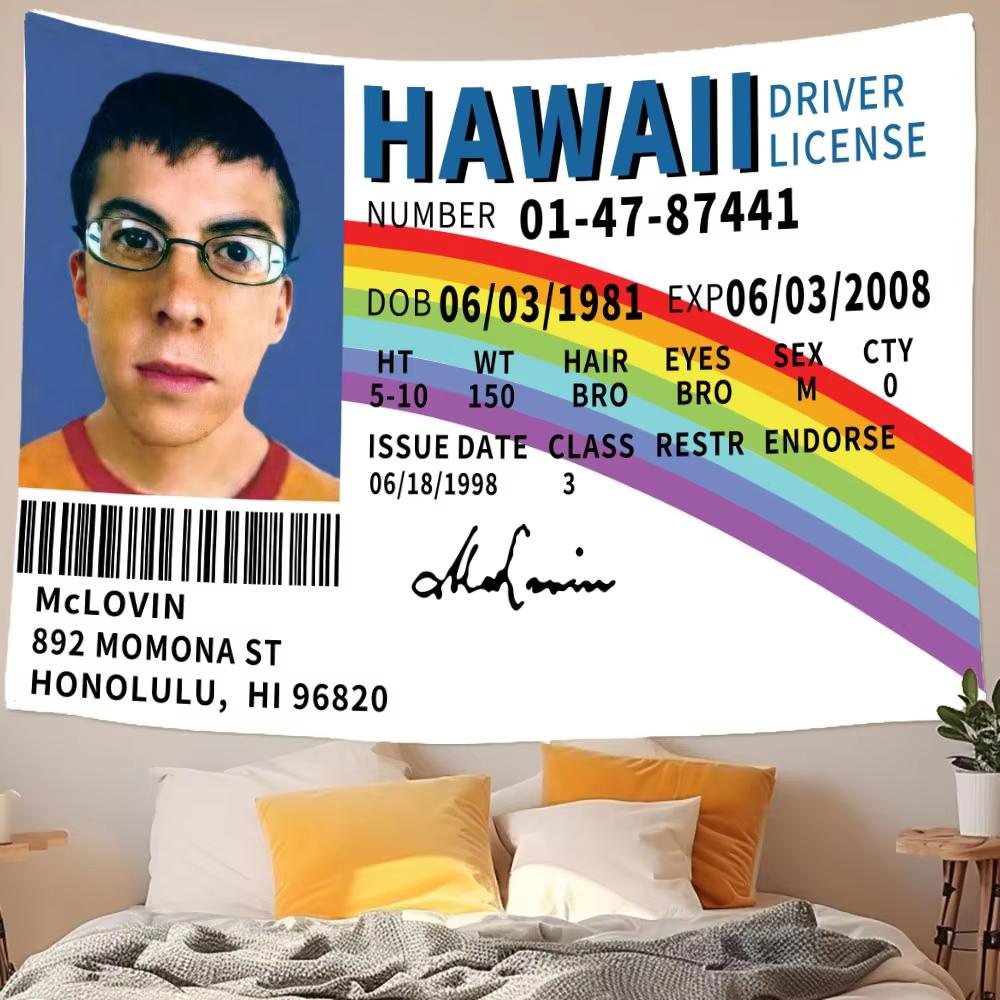 Funny Hawaii Driver License Tapestry Flat Print Rainbow Id Card Wall Hanging For College Dorm Room Decor Meme Humor Poster