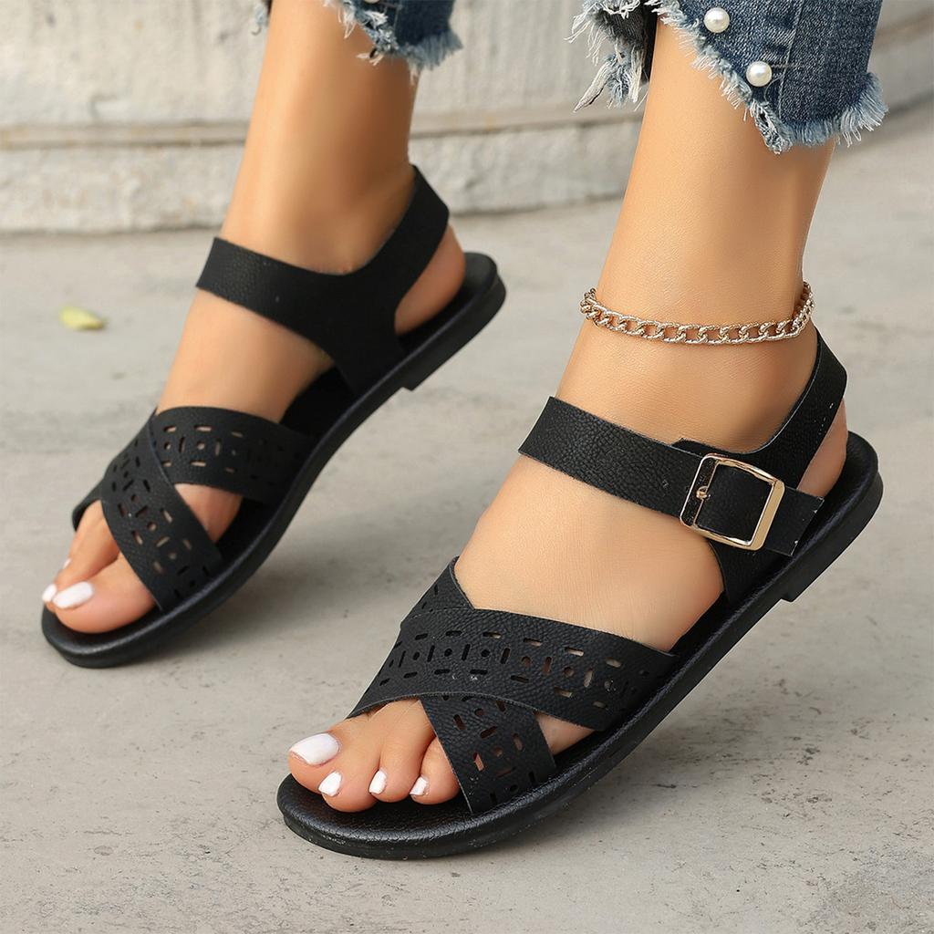 Women's round headed retro hollowed out casual one button open toed women's sandals