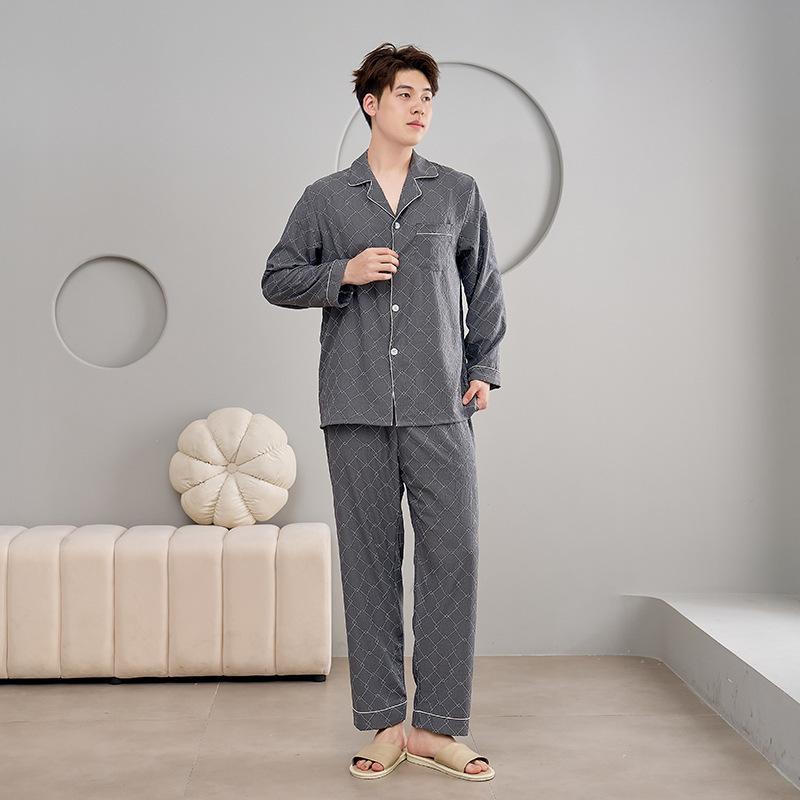 1011 New Cloud Cotton Men's Pajamas Cardigan Long Sleeve Pants Lapel Large Size Casual Loungewear Can be worn outside