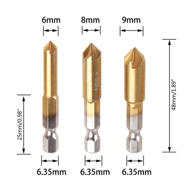 3 Pcs 5 Flutes HSS Industrial Countersink Drill Bit Set Quick Change Bit 1/4 in Hex Shank Chamfer Chamfering Cutter tool