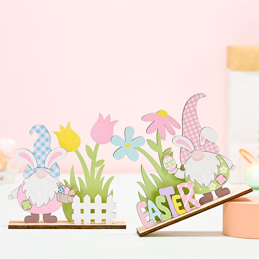 Colorful Wooden Easter Ornament Dwarf Rabbit Flower Element Portable Beautiful Eye-catching Table Decoration for Easter Party