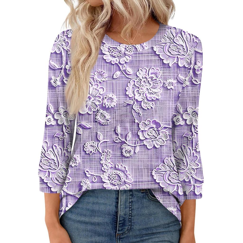 Women's Fashion Casual Round Neck 3/4 Sleeve Loose  Printed T-Shirt Ladies Top