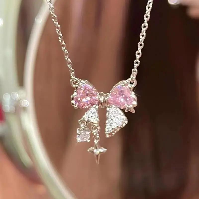 Korea New Design Pink Zircon Bowknot Cross Pendant Necklaces Y2K Girls Sweet Rhinestone Heart Clavicle Chain Women Zircon Gifts