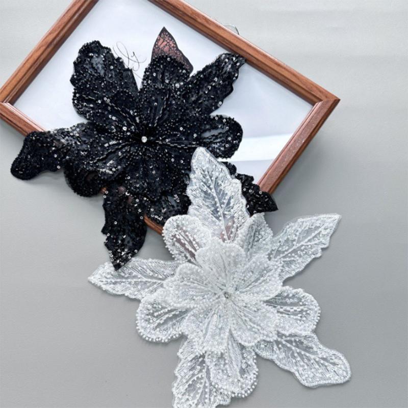 Multi-Layer Organza Lace Sequin Beaded Studded 3D Flower Crystal Patch Diy Clothing Decorative Applique Sweater Coat Accessories