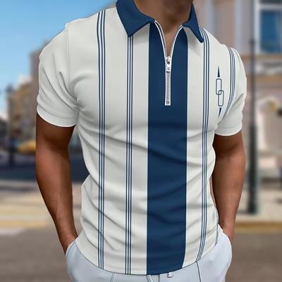 Men's Shirt Polo Casual Zip Short Sleeve Fashion Casual Zipper Summer Spring Regular Fit Black&Blue Vertical Bars 3D Print Shirt