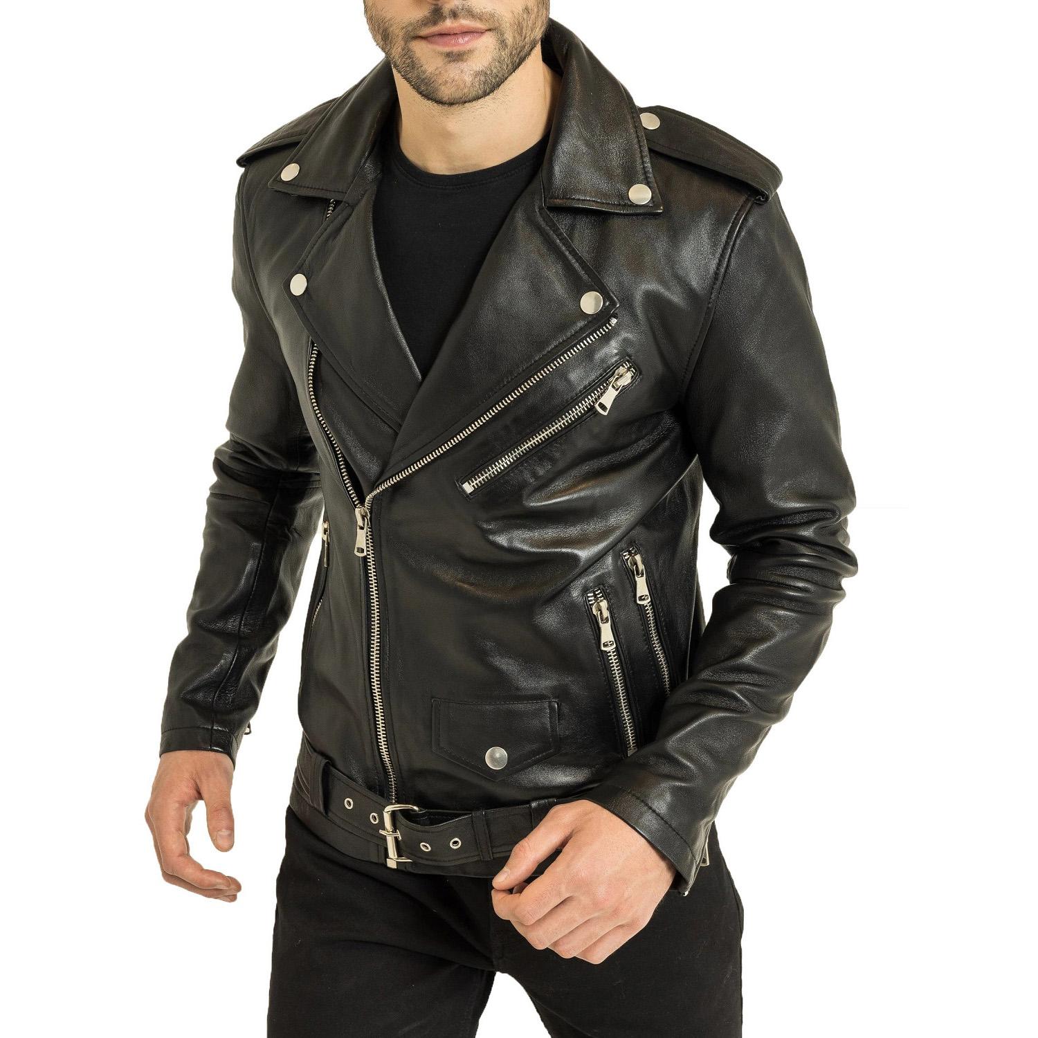 

Чоловіча куртка SkinOutfit з натуральної овечої шкіри, чорна, стильна мотоциклетна куртка-бомбер для байкера, верхній одяг MJ 04 M чорний