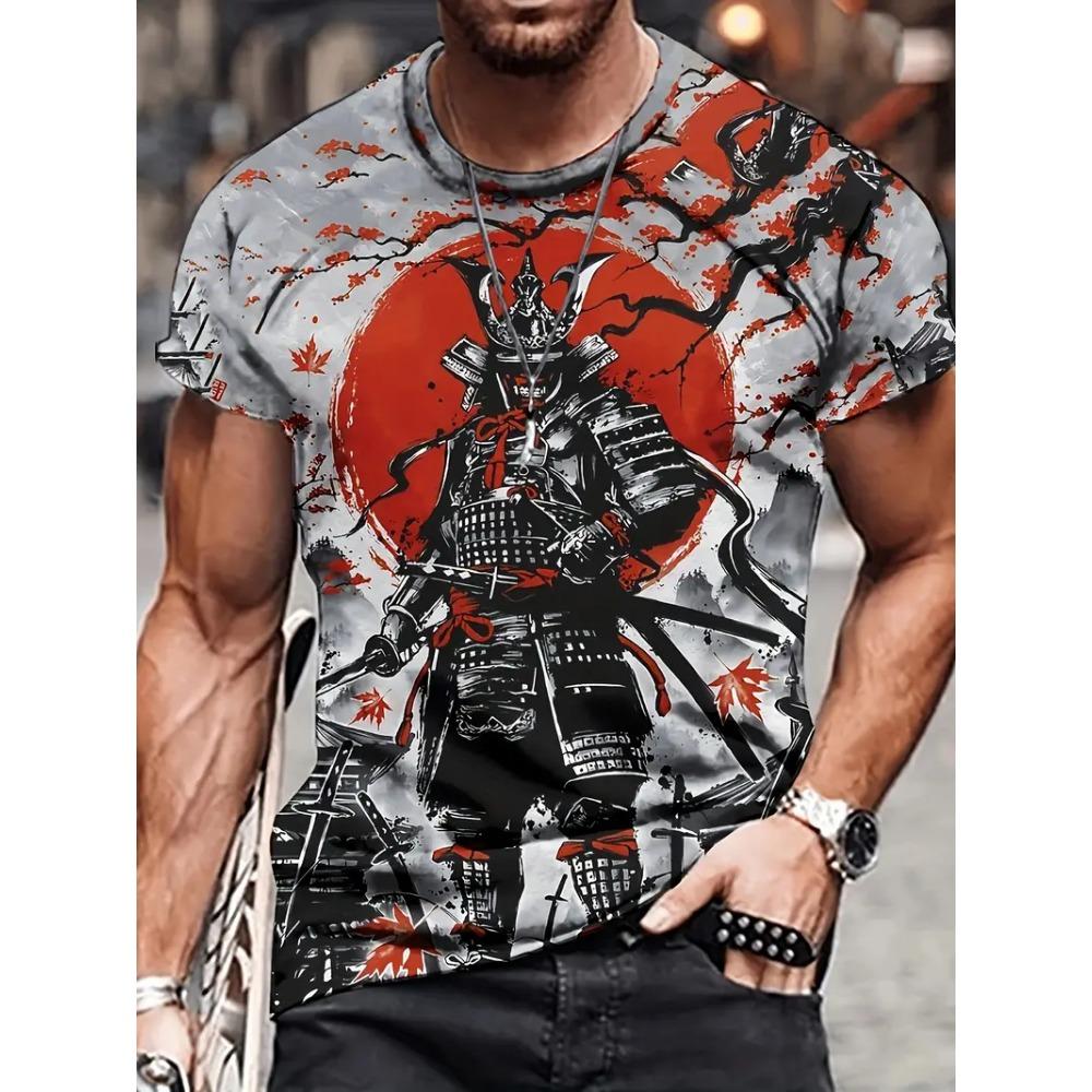 Samurai Men's T-shirt Soldier Print O Neck Short Sleeve Casual Anime Pullover Streetwear Outdoor Male Tee Top Oversized Clothing